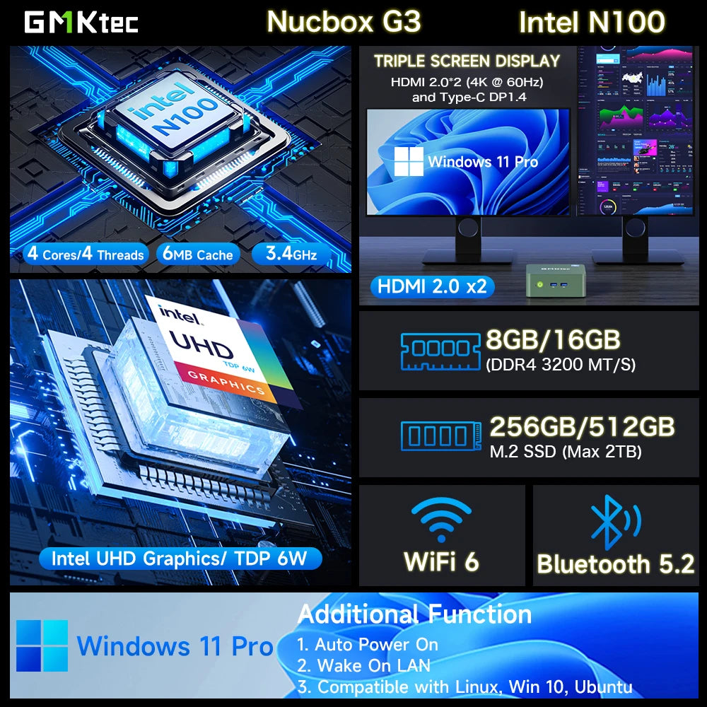 GMKtec G3 Mini PC Intel Alder Lake N100 Windows 11 Pro Mini PC 8/16GB DDR4 D 256/512GB PCIe M.2 SSWiFi 6 BT5.2 Desktop Computer