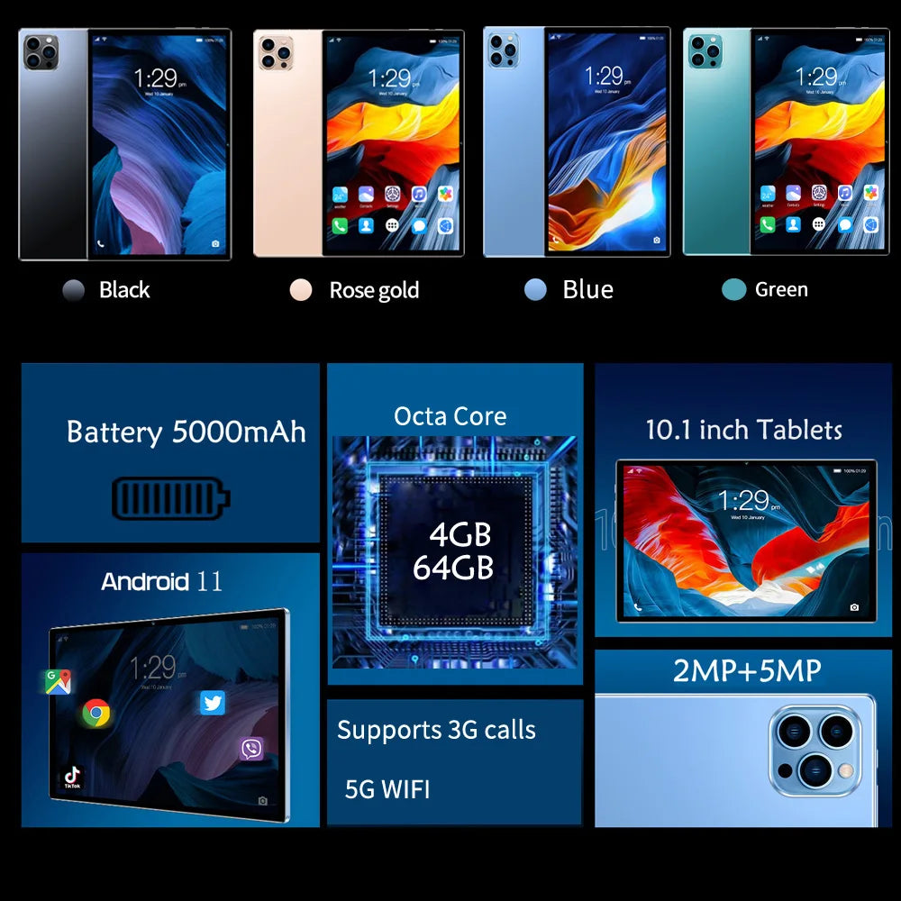 Tablette Sauenaneo 10,1'' / Octa-core / 4Gb Ram / 64Gb Rom / Google Play Android / Dual Camera / Batterie 11500Mah